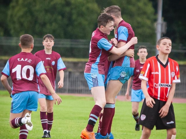Tummery players celebrate after scoring against Derry City, during their O'Neills Foyle Cup game. Picture by Jim McCafferty