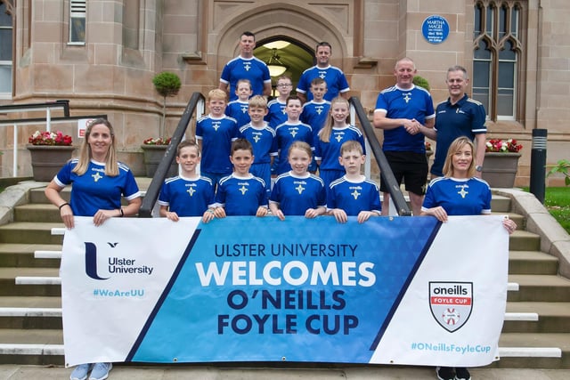St. John's players and coaching staff pictured before the O'Neills Foyle Cup Parade got underway at Magee Campus of Ulster University. Picture by Jim McCafferty