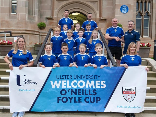 St. John's players and coaching staff pictured before the O'Neills Foyle Cup Parade got underway at Magee Campus of Ulster University. Picture by Jim McCafferty