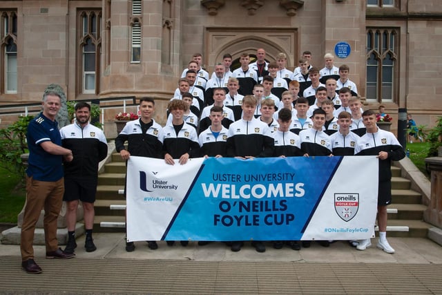 Trinity White players and coaching staff pictured before the O'Neills Foyle Cup Parade got underway at Magee Campus of Ulster University. Picture by Jim McCafferty