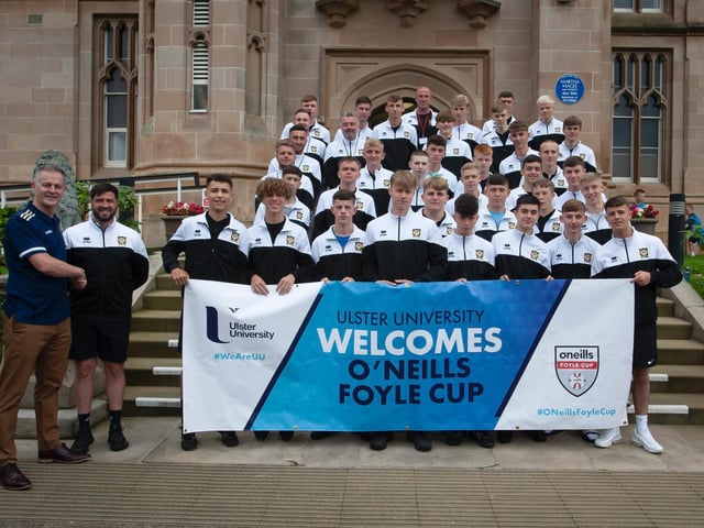 Trinity White players and coaching staff pictured before the O'Neills Foyle Cup Parade got underway at Magee Campus of Ulster University. Picture by Jim McCafferty