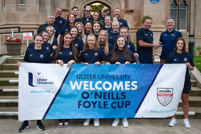 Upton Ladies players and coaching staff pictured before the O'Neills Foyle Cup Parade got underway at Magee Campus of Ulster University. Picture by Jim McCafferty