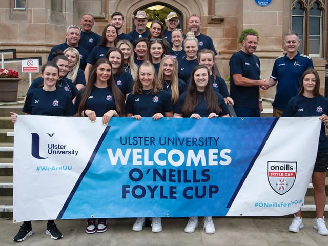 Upton Ladies players and coaching staff pictured before the O'Neills Foyle Cup Parade got underway at Magee Campus of Ulster University. Picture by Jim McCafferty