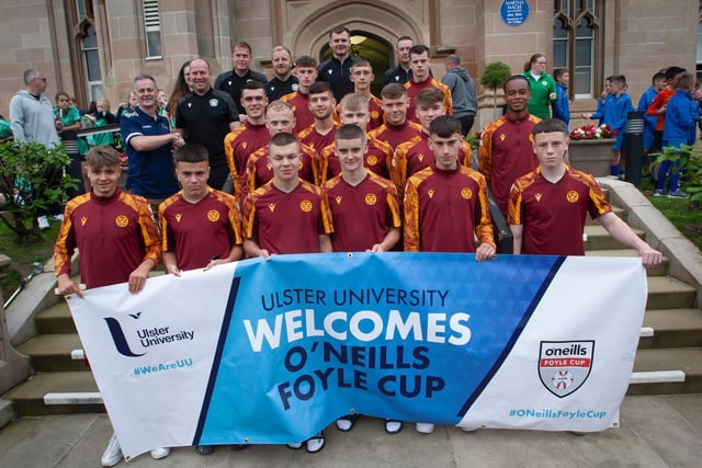 Motherwell players and coaching staff pictured before the O'Neills Foyle Cup Parade got underway at Magee Campus of Ulster University. Picture by Jim McCafferty