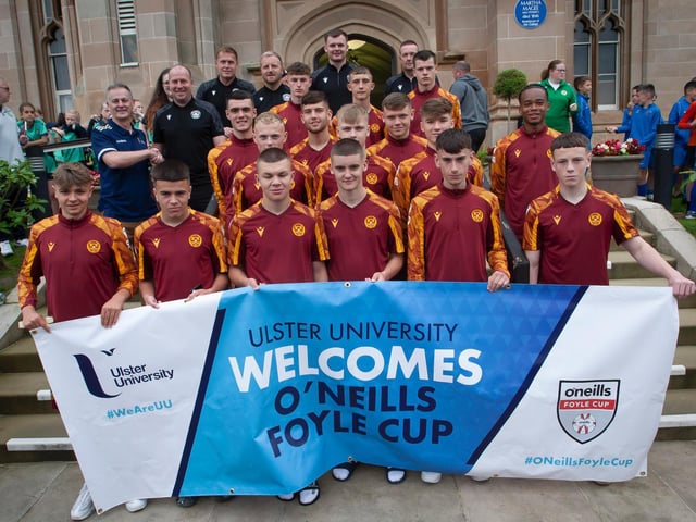 Motherwell players and coaching staff pictured before the O'Neills Foyle Cup Parade got underway at Magee Campus of Ulster University. Picture by Jim McCafferty