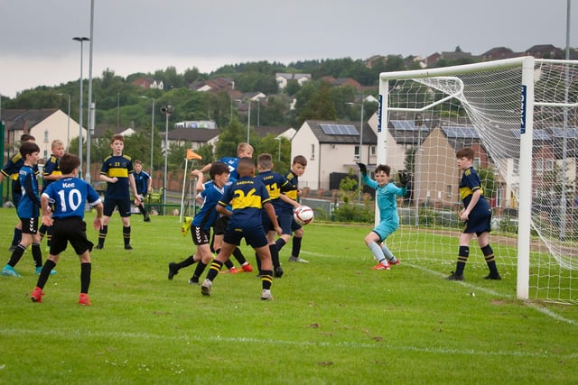 Goalmouth action during Don Boscos versus Raphoe U12 O'Neills Foyle Cup game. Picture by Jim McCafferty