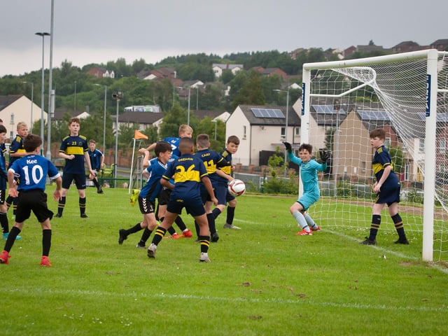 Goalmouth action during Don Boscos versus Raphoe U12 O'Neills Foyle Cup game. Picture by Jim McCafferty