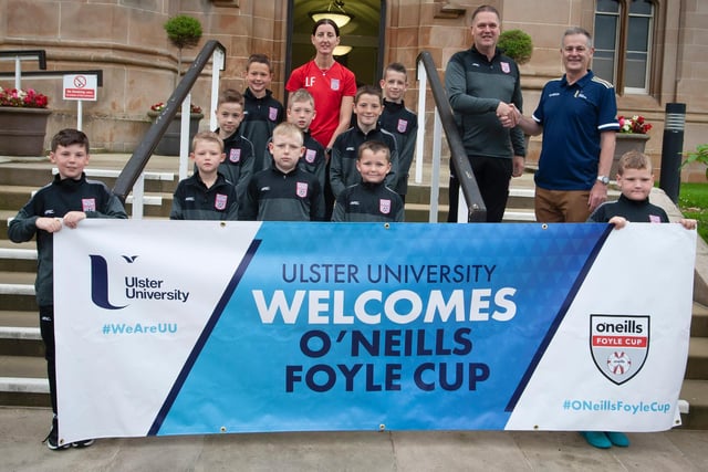 Dergview players and coaching staff pictured before the O'Neills Foyle Cup Parade got underway at Magee Campus of Ulster University. Picture by Jim McCafferty