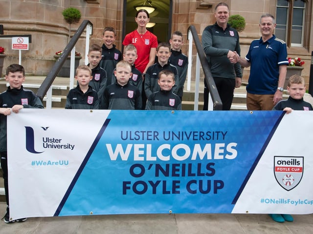 Dergview players and coaching staff pictured before the O'Neills Foyle Cup Parade got underway at Magee Campus of Ulster University. Picture by Jim McCafferty
