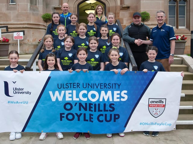 Gleneely Colts players and coaching staff pictured before the O'Neills Foyle Cup Parade got underway at Magee Campus of Ulster University. Picture by Jim McCafferty