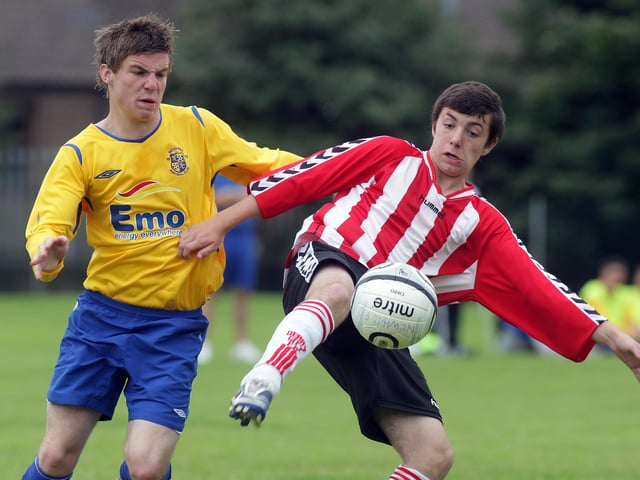 y©/Presseye.com - 24th July 2010. Press Eye Ltd - Northern Ireland. Foyle Cup 2010. U-16 Plate Final Derry and District Youth V Newhill FC (Belfast). Derry's MArk Donnelly and Newhill's Jay Hamilton.
Mandatory Credit Photo Lorcan Doherty / Presseye.com