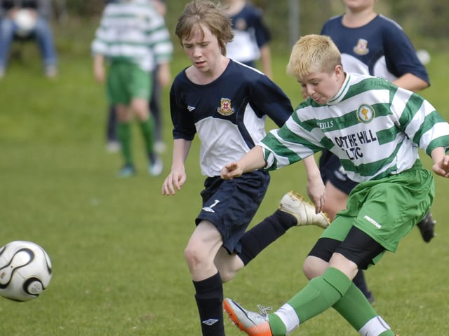 Top Of The Hill Celtic under-14's player Gareth McFadden tries a shot at goal during their match against Limavady United in the Foyle Cup. LS30-205KM10