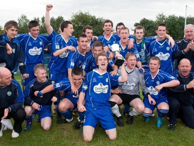 Finn Harps captain Aaron O'Hagan  celebrates with his team after beating Derry City in the U-19 section of the Foyle Cup on friday night at Ardmore. Picture Martin McKeown. Inpresspics.com. 23.7.10