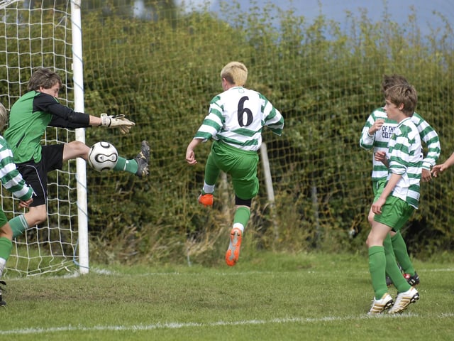 Goal mouth action from the match between the Limavady United and Top Of The Hill Celtic under-14's at the Foyle Cup. LS30-207KM10