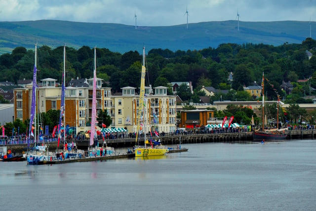 Clippers from the race fleet and the tall ship The Leader moored at the Foyle Maritime Festival. Photo: George Sweeney.  DER2229GS – 003