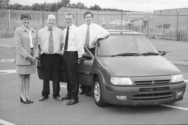 Sponsors of the July 1997 Lark in the Park. Included from left are Jean Long, Group Advertising Manager, Derry Journal Newspapers, Danny Gormley, Chief Timekeeper, John Halliday, managing director, JC Halliday, and Robert McDaid, assistant Clerk of the Course.