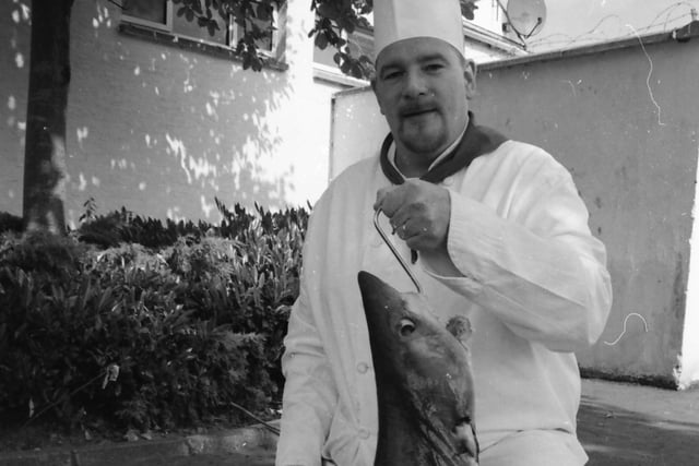 Mark O’Hare, Head Chef at the White Horse Inn, pictured with a 40lb Porbeagle shark which was added to the menu in July 1997.