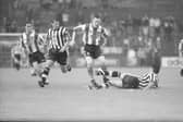Newcastle United’s Belgian international Philippe Albert attempts to dispossess Derry City striker Liam Coyle                                                                 during their clash in the Irish International Club final at Lansdowne Road as Rob Lee (Newcastle) and Gary Beckett (Derry City) look on.