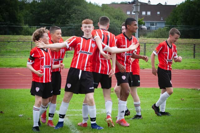Derry City's Zhac Glackin celebrates the opening goal against Beach FC, California at the Swilly Stadium on Thursday afternoon in the u-14 Foyle Cup final group match.