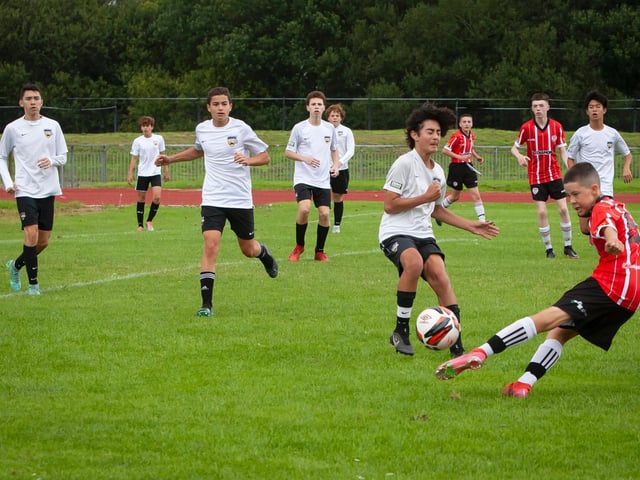 Derry's Niall McLaughlin gets his shot on goal against Beach FC during Thursday's u-14 group game against Beach FC, Californnia.