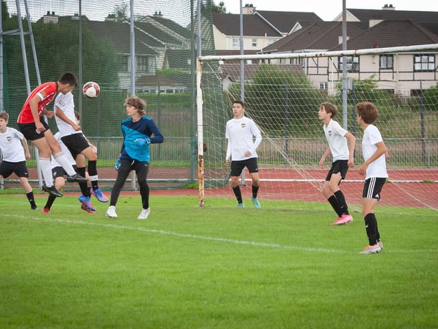 Derry City almost score from a corner in this aerial attack against Beach FC, California during Thursday's final group game in the Foyle Cup u-14 section.