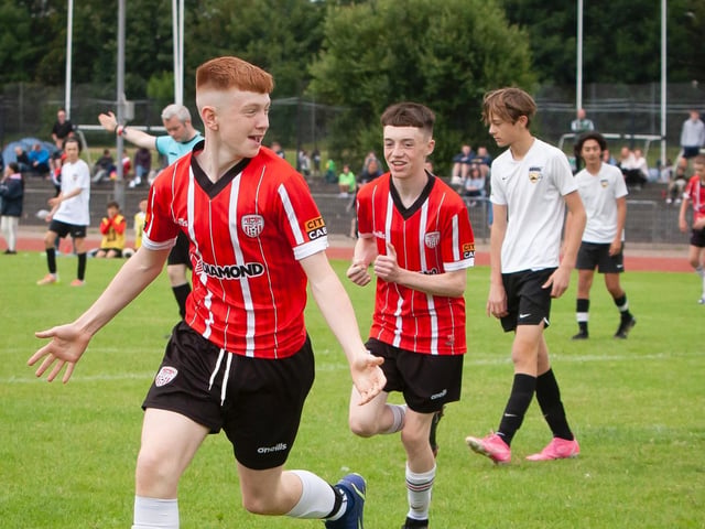 Derry City celebrate a goal against Beach FC as things appear to be going to plan for the Candy Stripes.