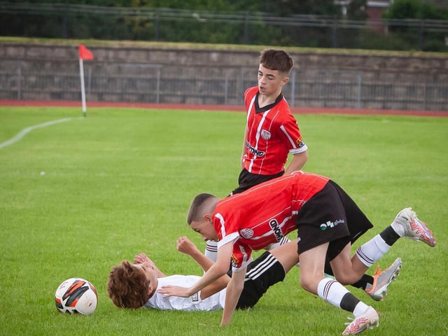 Action from Derry City v. Beach FC, California on Thursday afternoon at Templemore, Derry.