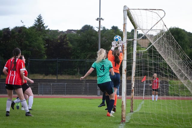 Swifts keeper Kerry McCready palms this shot from a corner over the crossbar in the u-16 Foyle Cup Ladies final against Derry City at Swilly Stadium on Thursday night.