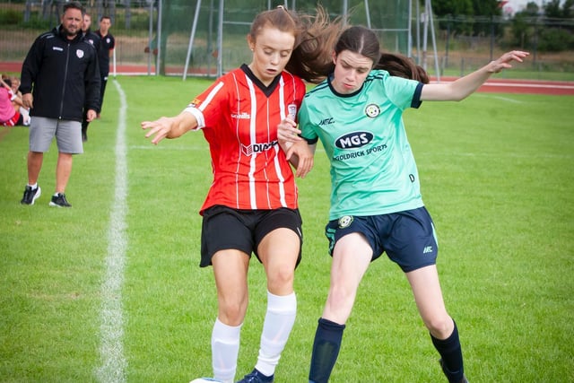 Derry City's Kayleigh Carlin and Sion's Clara Mullen in a tussle for possession in the Foyle Cup u-16 Ladies final at Templemore.
