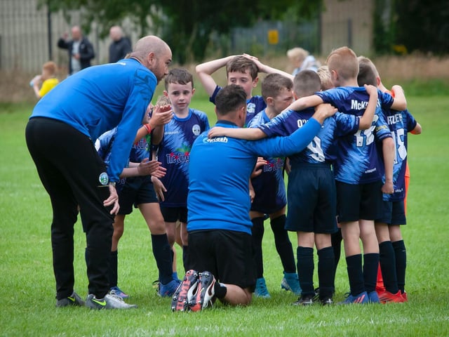 Some words of encouragement from the coaches as the Magherafelt Sky Blues take on Ballinamallard u-9 at Templemore on Thursday afternoon.