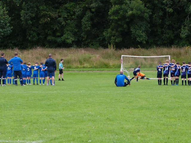 Penalty shoot-out action from the Magherafelt Sky Blues v. Ballinamallard u-9 clash at Templemore on Thursday afternoon.