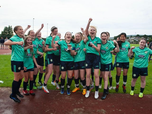 Sion Swifts, winners of the 2022 u-16 Ladies O'Neills Foyle Cup winners celebrate their victory over Derry City at Swilly Stadium, Templemore, Derry on Thursday night.