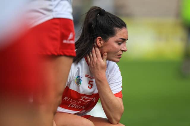 Derry's Rebecca Bradley is dejected at the final whistle of Sunday's semi-final in UMPC Nowlan Park, Co. Kilkenny. (Photo: INPHO/Evan Treacy)