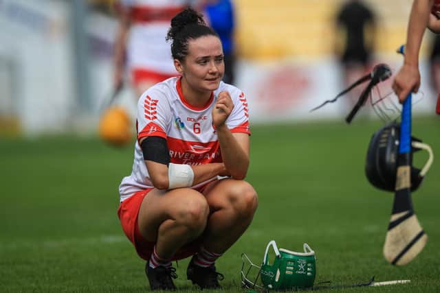 Derry's Grainne McNicholl at the final whistle of Sunday's Glen Dimplex All-Ireland Intermediate Camogie Championship Semi-Fina in UMPC Nowlan Park. (Photo: INPHO/Evan Treacy)