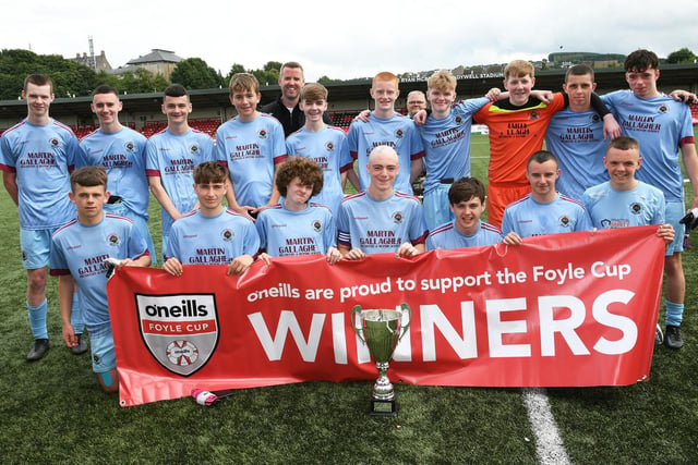 John Murphy from O'Neill's pictured with the Institute team which lifted the O'Neill's Foyle Cup Under-16's Cup at the Brandywell on Saturday. Picture by Keith Moore