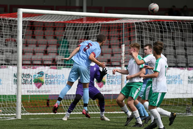 Institute under-16's player Michael McDaid sends this header over the Wythenshawe Amateurs crossbar, during Saturday's O'Neills Foyle Cup U16 final. Picture by Keith Moore