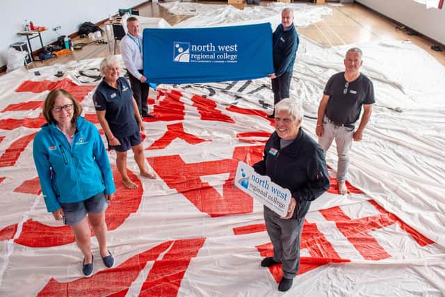 Group pictured in the Sports Hall of NWRC's Strand Road campus where the crew of the Ha Long Vietnam Boat repaired their sail: L-R Aileen Croft, Crew, Jacqui Webb, Crew, Brian McParland, Estates Officer, NWRC, Conor McGurgan, Marketing and PR Manager, NWRC, Gerard Doherty, Crew, and Jim Cubitt, Crew. (Picture Martin McKeown)
