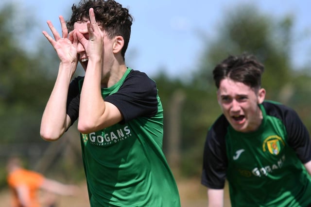 Donegal Schoolboys goalscorer Donnacha Malone celebrates after his opening goal against Inishowen at Wilton Park. Picture by Keith Moore