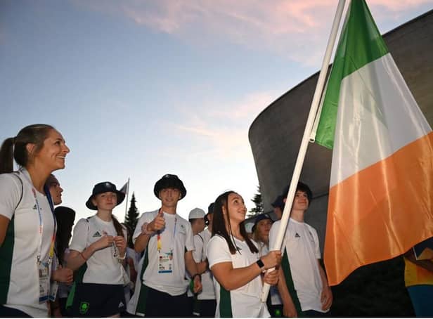Derry judoka Bethany McCauley pictured carrying the Team Ireland flag at the European Youth Olympics in Slovakia.