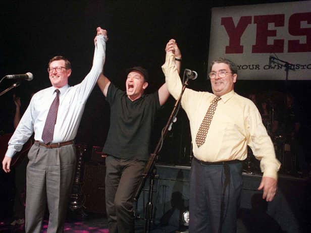 Iconic photo: Ulster Unionist leader David Trimble, SDLP leader John Hume and Bono of U2 pictured together in 1998. Picture Paul Faith / Pacemaker.