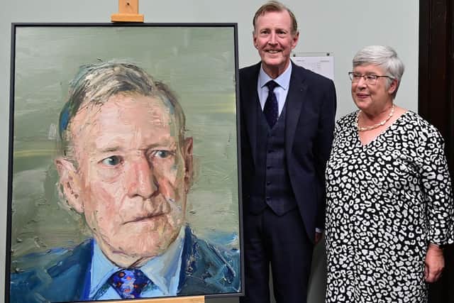 Pacemaker Press 27/06/22 
The Rt. Hon. Lord David Trimble with his wife Daphne  during  an unveiling his portrait by Colin Davidson at Queen's Management School, Riddel Hall  in Belfast this evening.
Pic Colm Lenaghan/Pacemaker
