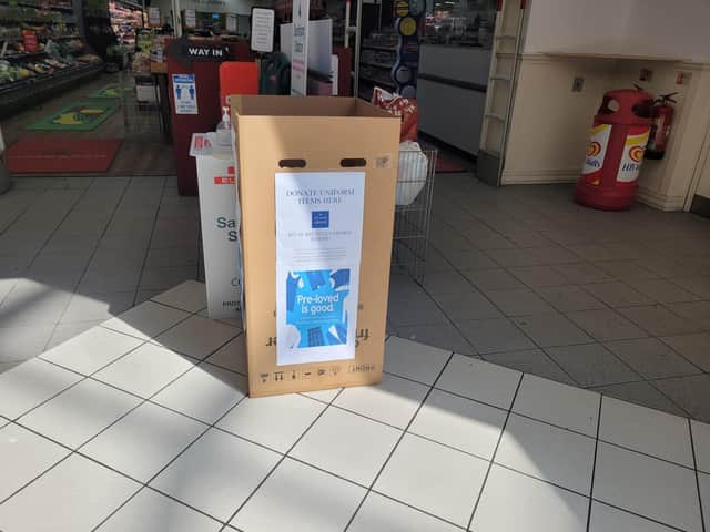The uniform drop-off box is located outside Eurospar in the Rath Mor Centre in Creggan.