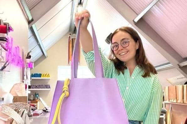 Orla O'Hagan, pictured in her Buncrana workshop, with the 'Joan' tote.