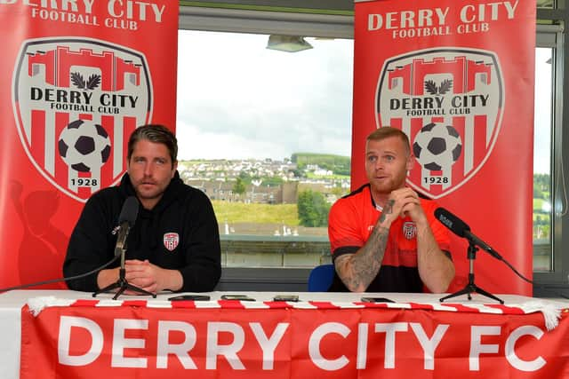 Derry City boss Ruaidhri Higgins and new signing Mark Connolly at today's press conference. Photo by George Sweeney