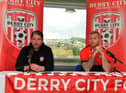 Derry City boss Ruaidhri Higgins and new signing Mark Connolly at today's press conference. Photo by George Sweeney