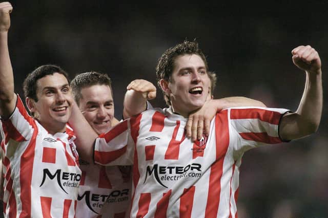 The late great Mark Farren, left, Gary Beckett, centre, and Ruaidhri Higgins celebrate after Derry City’s memorable 2006 FAI Carlsberg Cup win over St Patrick’s Athletic, at Lansdowne Road. Picture by Brian Lawless/Sportsfile