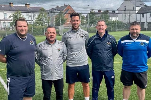 Institute manager Brian Donaghey (second left) alongside his back-room team, Lee Kitson (Goalkeeper Coach), Mark Scoltock (Coach), Peter Allen (Coach) and Eamon Curry (Assistant Manager).
