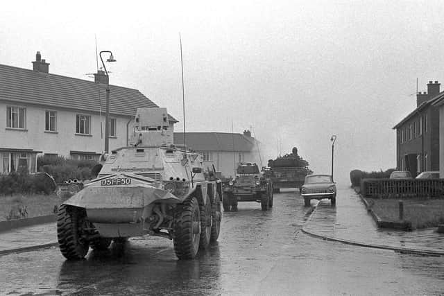 Some of the armoury sent into nationalist areas during Operation Motorman on Monday, July 31, 1972. In order: a Saracen, a Ferret Scout Car, and, at the rear, a Centurion tank with large bulldozer blade. Photo: Eamon Melaugh.