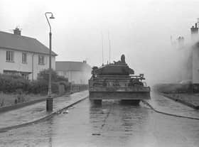JULY 31, 1972... This massive Centurion tank, pictured in Creggan, was fitted with a bulldozer blade to clear street barricades on Operation Motorman. Photo: Eamon Melaugh.