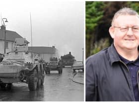 Some of the armoury sent into nationalist areas during Operation Motorman on Monday, July 31, 1972. In order: a Saracen, a Ferret Scout Car, and, at the rear, a Centurion tank with large bulldozer blade. Photo: Eamon Melaugh. Author Tony Hassan.